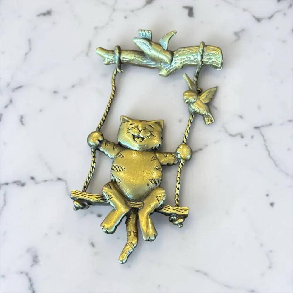 Whimsical JJ Cat on Swing Brooch Dangling Bird Gold Tone Vintage Figural